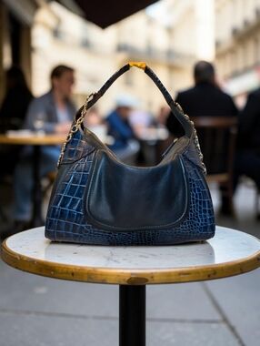 Navy Blue Croc-Embossed Shoulder Bag by Charlie Lapson  Excellent Condition